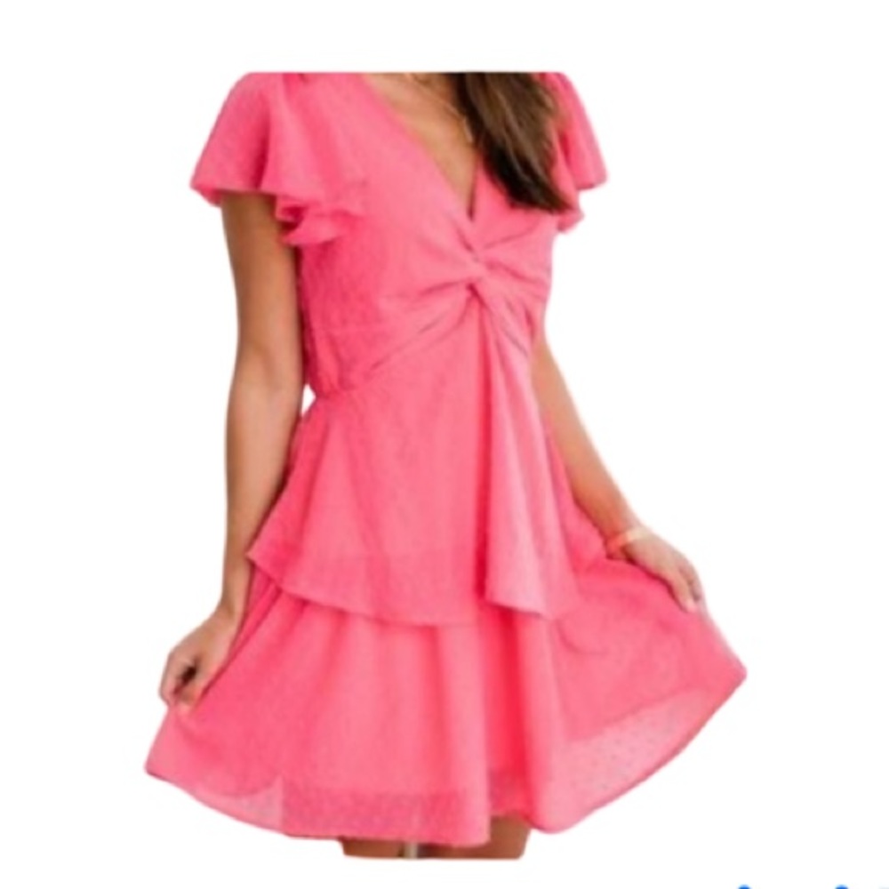 Pink Lily- Pink “Summer Wishes” Swiss Dot Tiered Dress